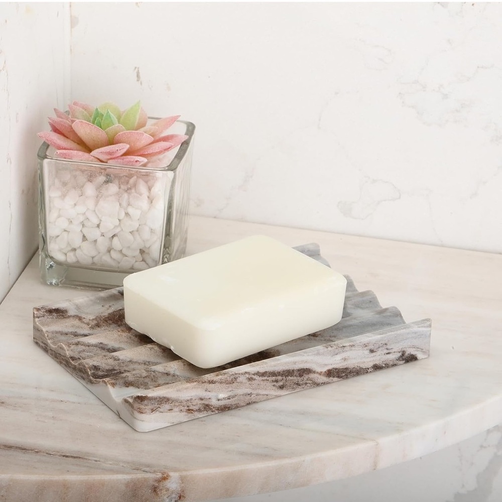 2 Piece Italian Marble Soap Dish Set Natural Stone Palissandro Classico D1563D - Picture 2 of 4